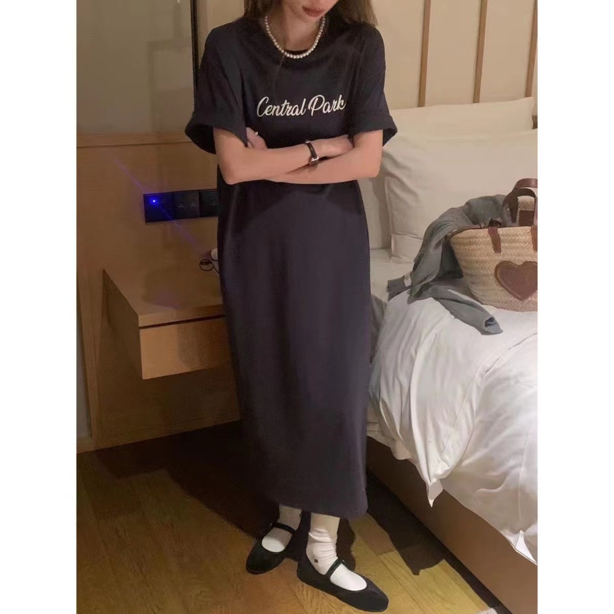 2025 summer new Korean fashion T-shirt women's printed slit dress loose large size women's clothing