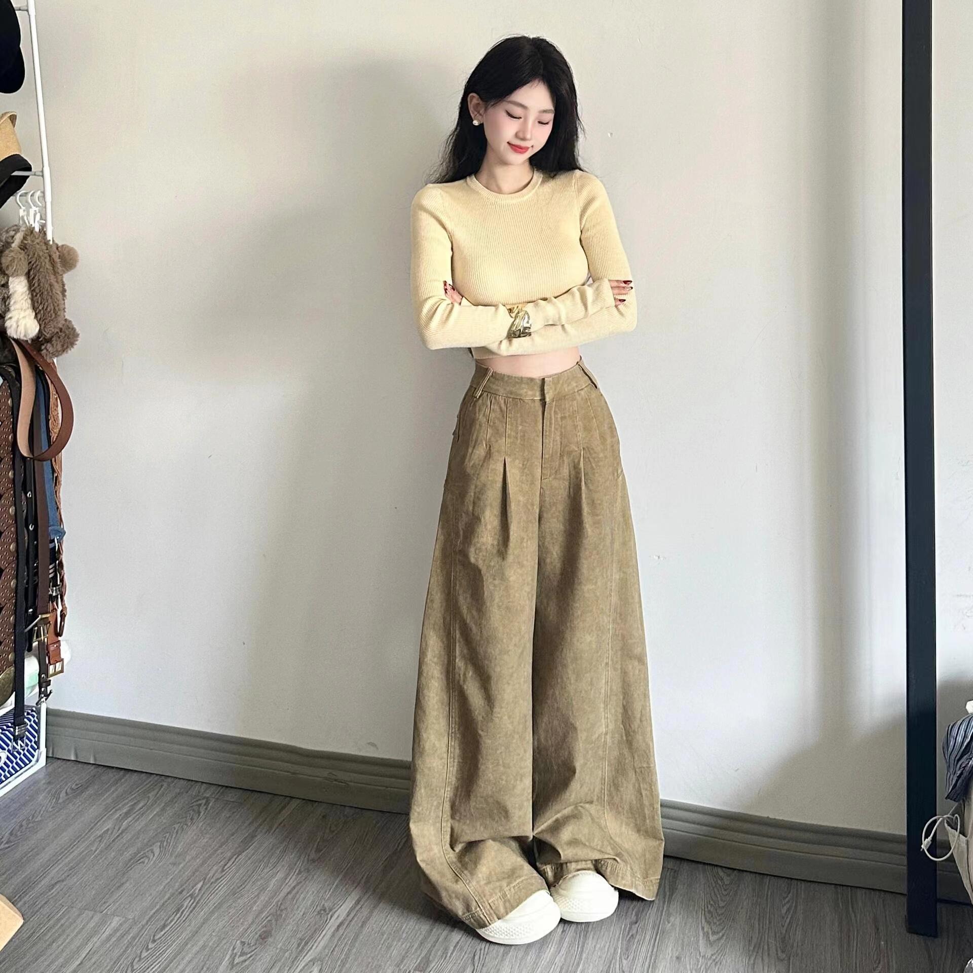 2025 summer butter painting split old washing leaves yellow jeans loose and slim design wide-leg pants