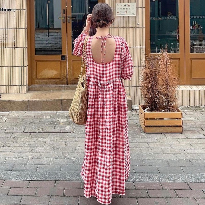 Korean chic summer French pastoral style round neck, backless lace-up bow contrast plaid puff sleeve dress
