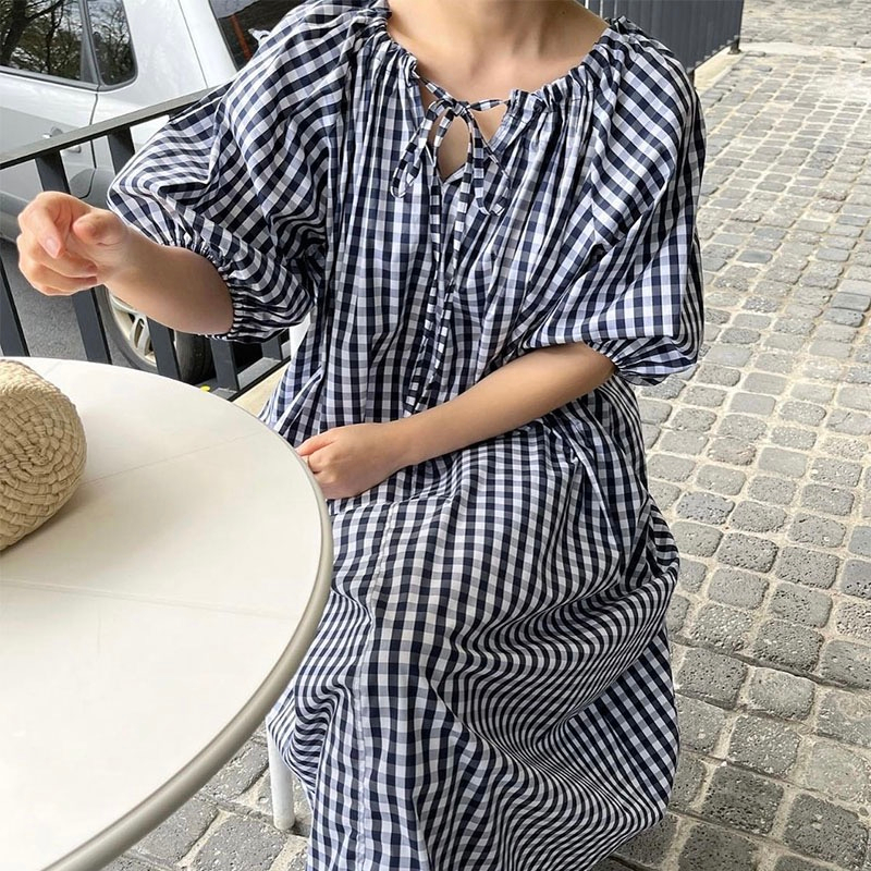 Korean chic summer retro lazy style lace-up V-neck contrasting plaid design loose puff sleeve dress for women