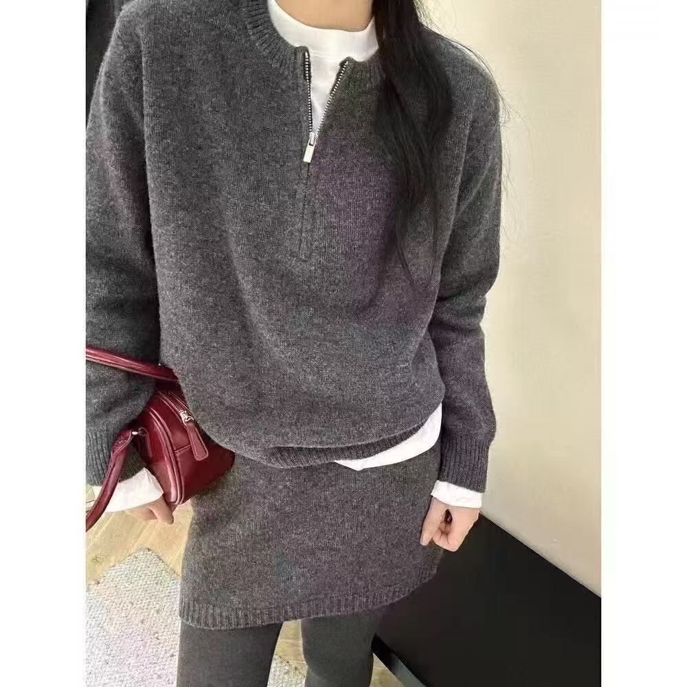 簡約羊毛針織套裝女冬半拉鏈毛衣半身裙兩件套