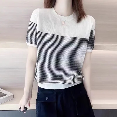 高級感超好看清爽細條紋圓領冰絲針織衫薄簡約套頭短袖春秋上衣女