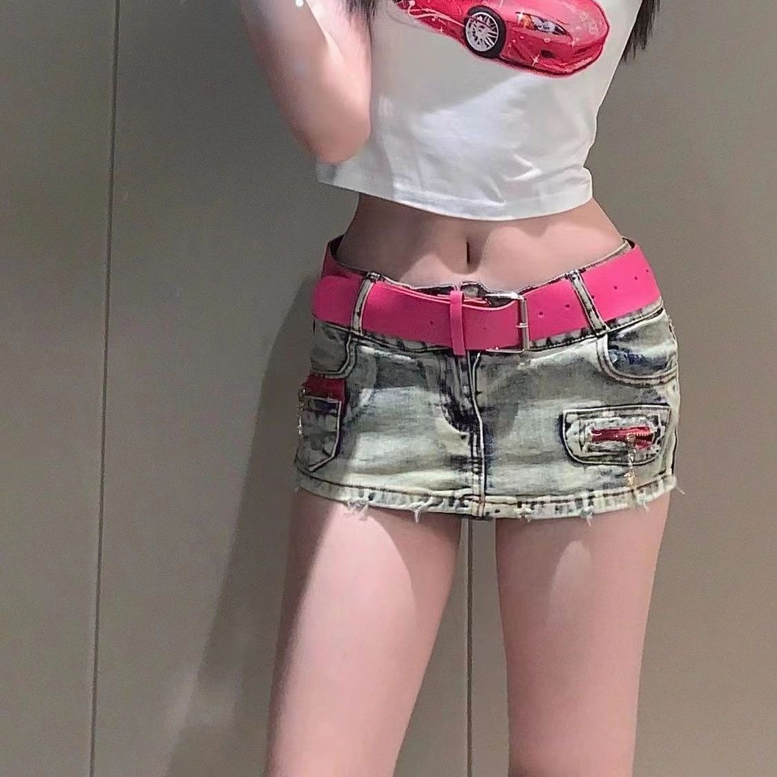 2025 summer new hot girl elastic denim miniskirt for women with low waist versatile A-line slim hip skirt pants