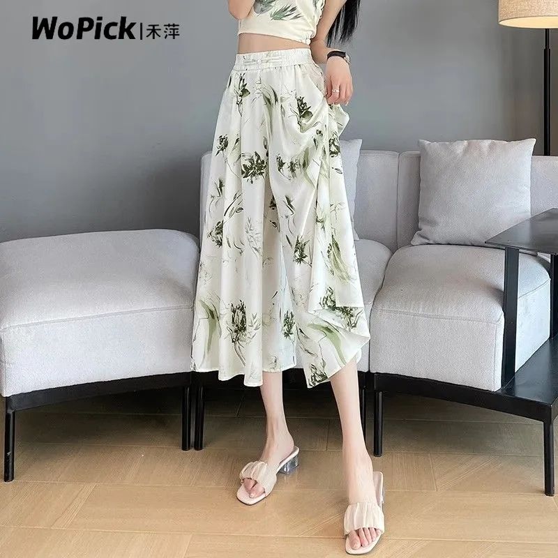Chinese style national wind skirt pants women's large size fat mm summer thin high waist ink print ice silk cool cool sun protection seven-tenth pants skirt 