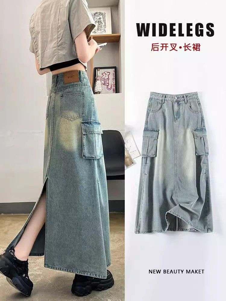 韓國chic牛仔半身裙女夏季大口袋工裝中長裙高腰開叉A字大擺裙子