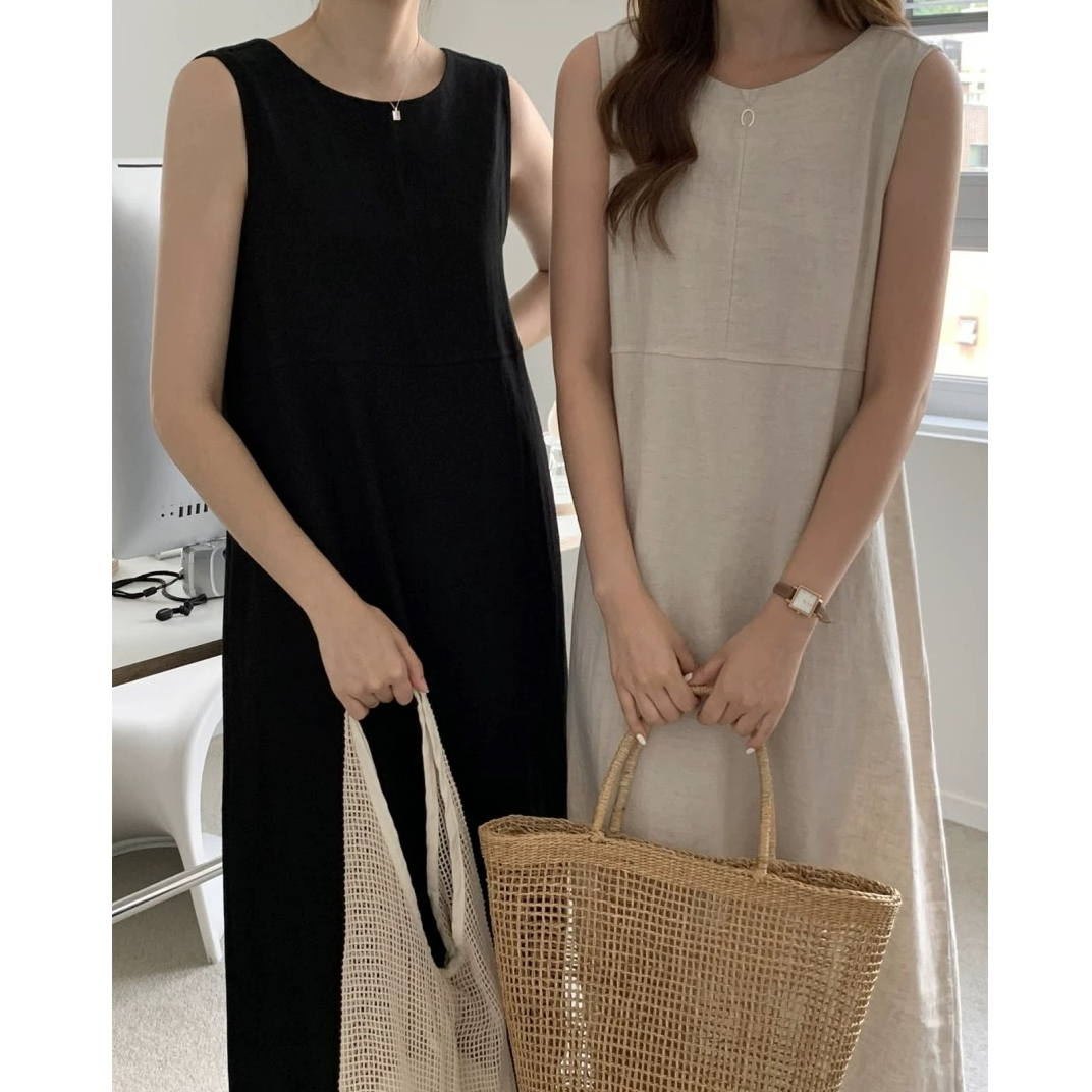 Korean chic minimalist niche versatile round neck loose long large sway vest dress for women