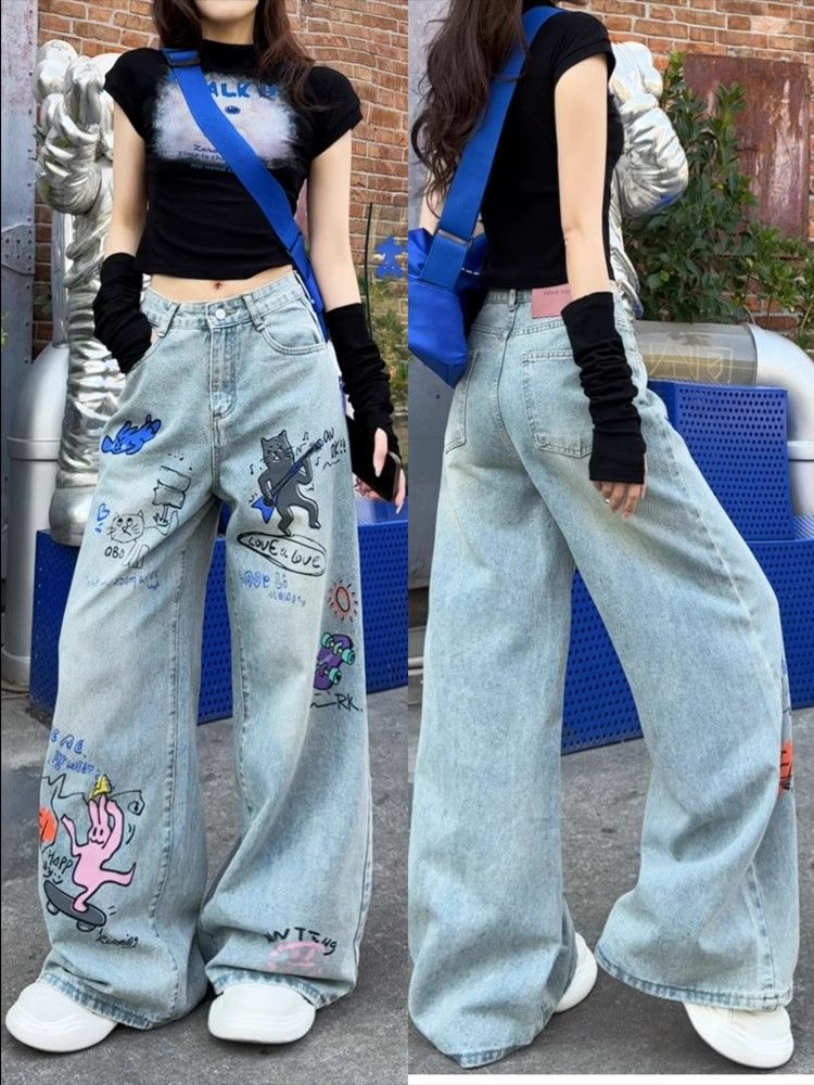 韓國chic貓咪卡通印花軟牛仔褲女2025春季新款寬鬆顯瘦直筒休閒褲