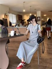 Short-sleeved long skirt women's summer Korean-style sporty casual fashionable three-bar short-sleeved T-shirt and skirt set