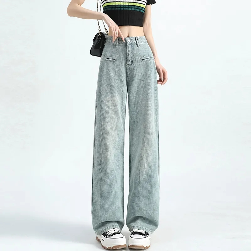 New Korean style fashion washing jeans for summer, female starry sky pattern wide-leg straight-leg pants wide-leg pants high-waisted trousers