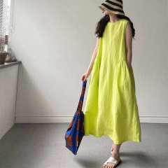 Korean chic minimalism summer lazy style round neck loose over-knee long sleeveless vest dress