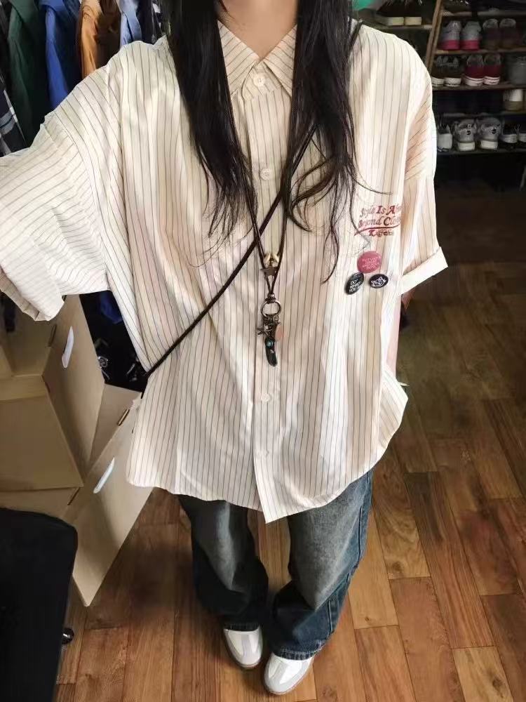 Korean American retro Polo collar shirt for women in summer new niche design loose shirt ins top