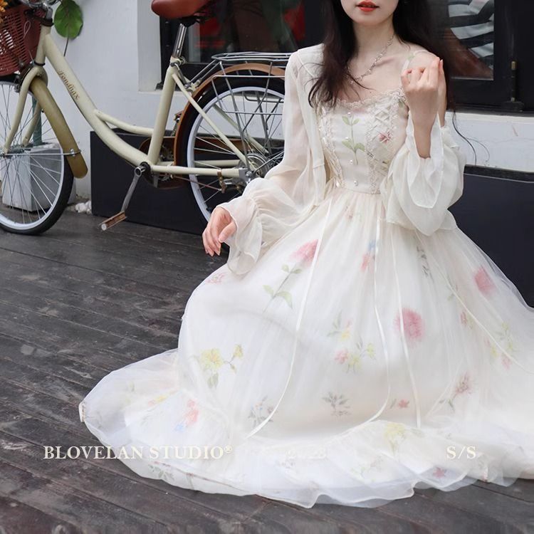 2025新款甜美碎花裙長裙溫柔風公主裙超仙吊帶網紗連衣裙開衫套裝