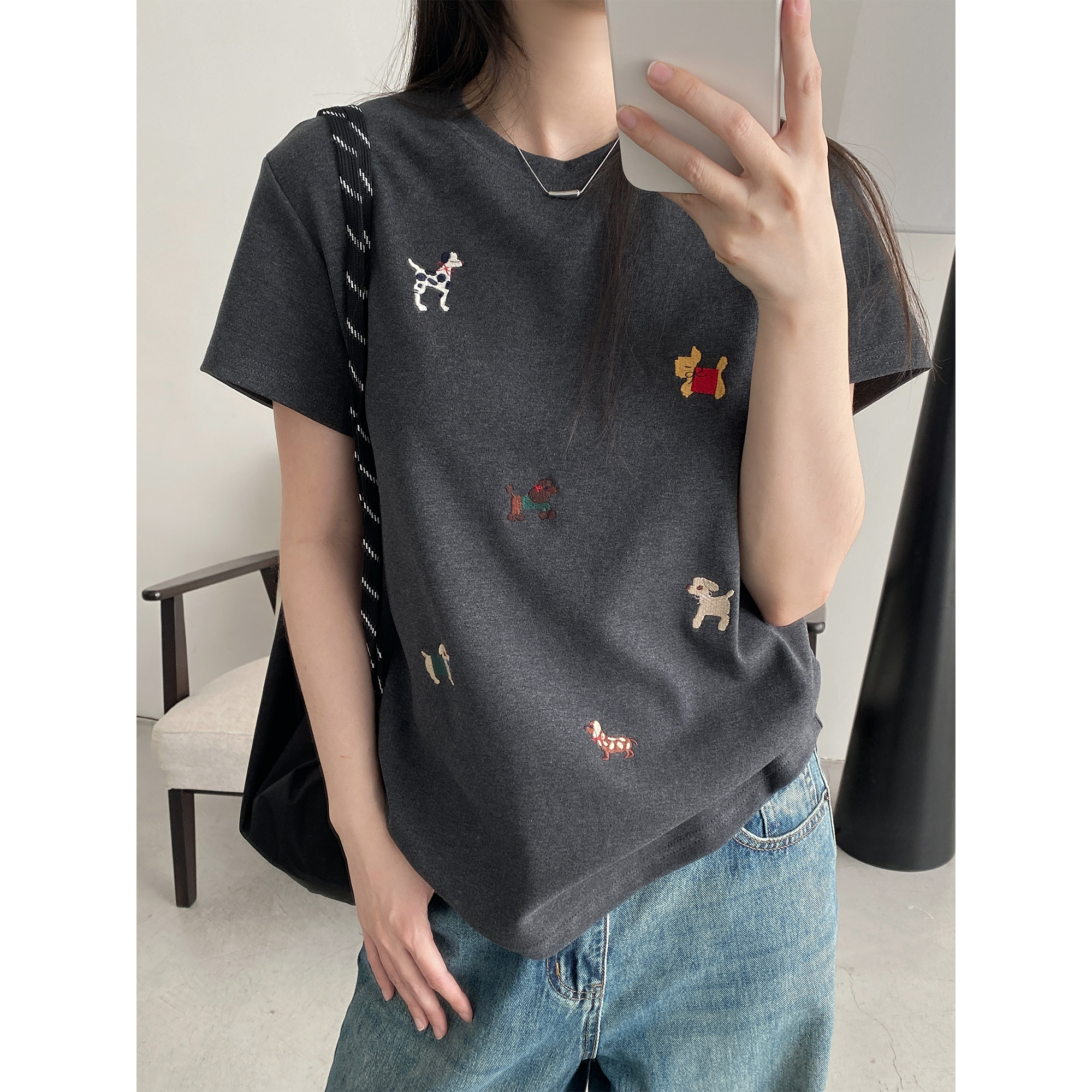 韓國chic小狗刺繡短袖T恤女夏季新款寬鬆顯瘦圓領內搭打底衫上衣