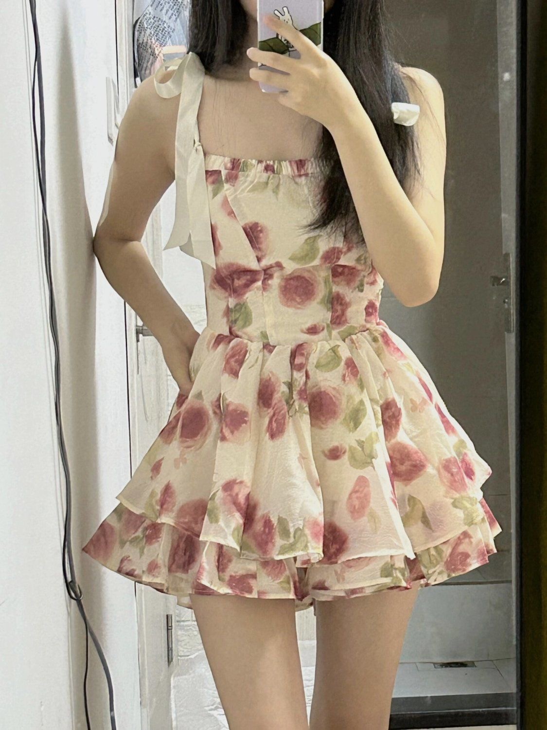 New summer sweet style straps floral puffy suit for women thin waist-hugging suspender dress short skirt