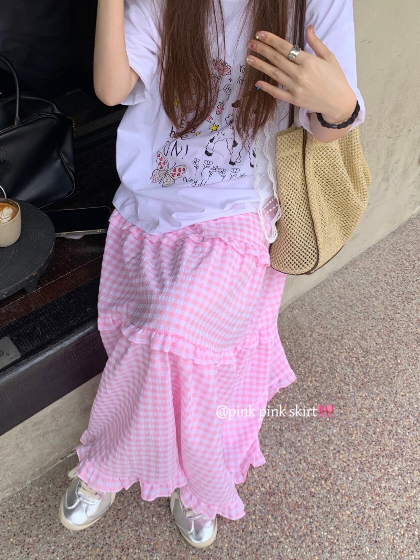 Real shot New Korean version of summer pink tender plaid high waist spliced ​​lace heavy-work cake skirt