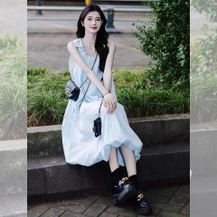 French-Style High-End Blue Sleeveless Tank Dress for Women, Summer, Petite, Cute and Sweet, Youthful, Bouquet Dress