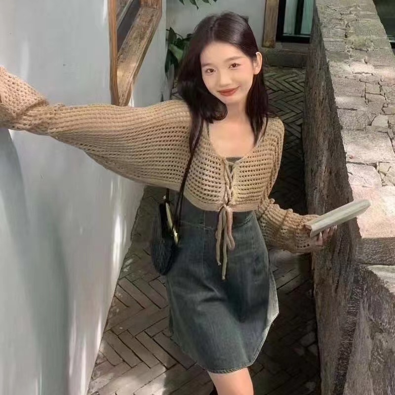 小眾設計防曬開衫女薄款短款鏤空小罩衫外搭坎肩冰絲針織純色上衣
