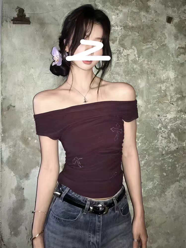 絕美紫色蝴蝶結刺繡露肩短袖T恤女2025新款夏季一字肩上衣高級感