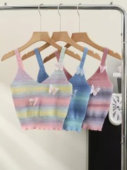 彩虹條紋針織吊帶背心女夏季2025新款設計感立體蝴蝶甜辣上衣外穿