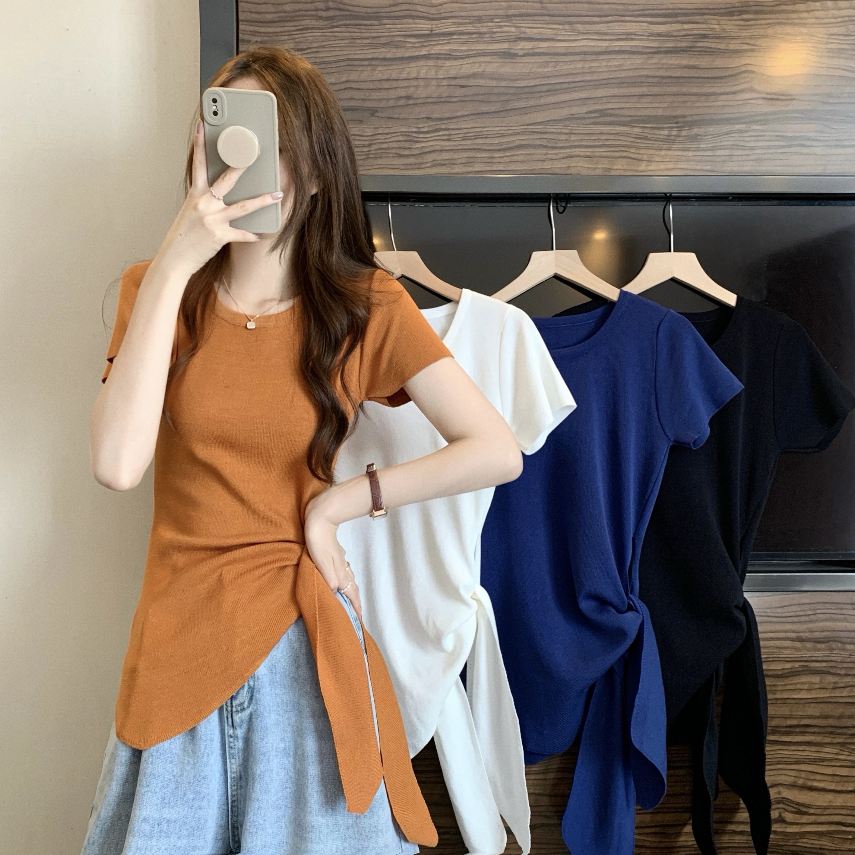 Real shot of the new Korean style design with irregular side bow short-sleeved knitted sweater