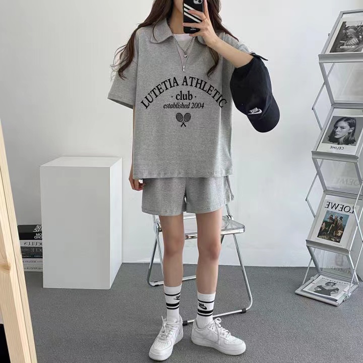 Cute girl sportswear suit women's letters Japanese slim casual round neck internet celebrity short sleeve shorts two-piece set