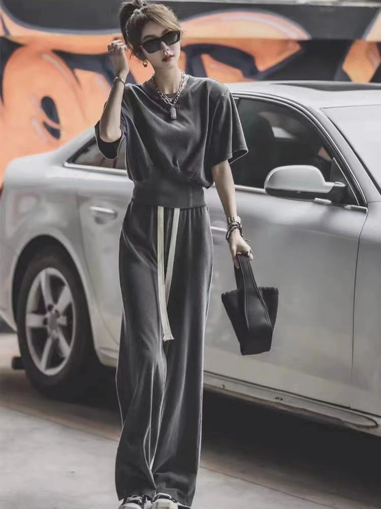 鹽系時尚運動兩件套裝女夏季新款寬鬆韓系高級感短袖短上衣長褲子