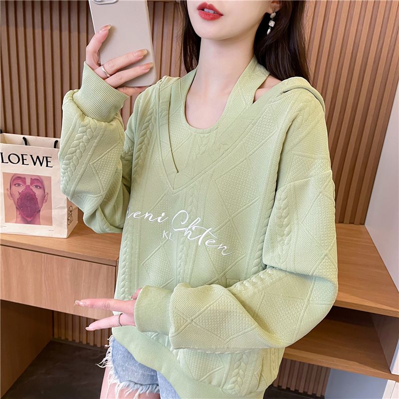 Real shot of Korean loose spring and autumn style embroidered fake two-piece jacquard hooded sweatshirt for women