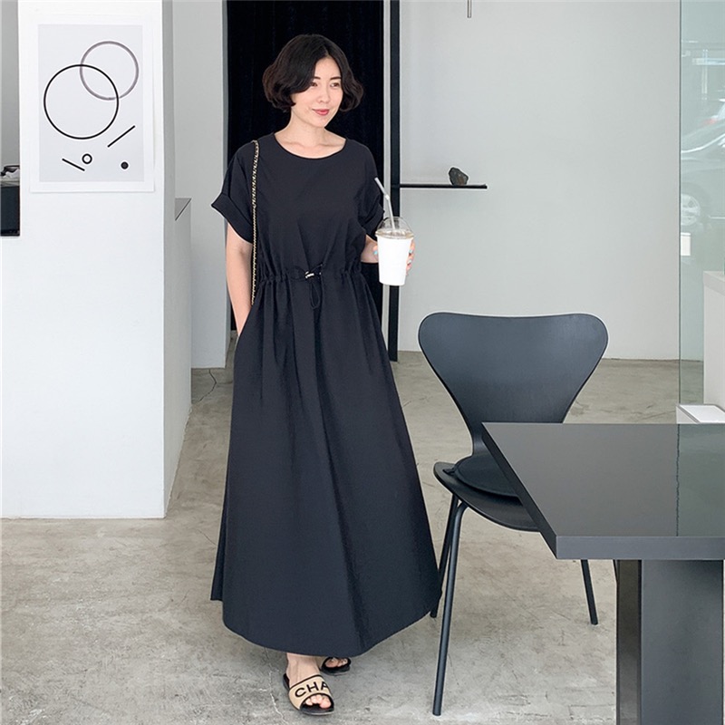 Korean chic summer retro niche simple solid color waist elastic loose puff sleeve long splicing dress for women