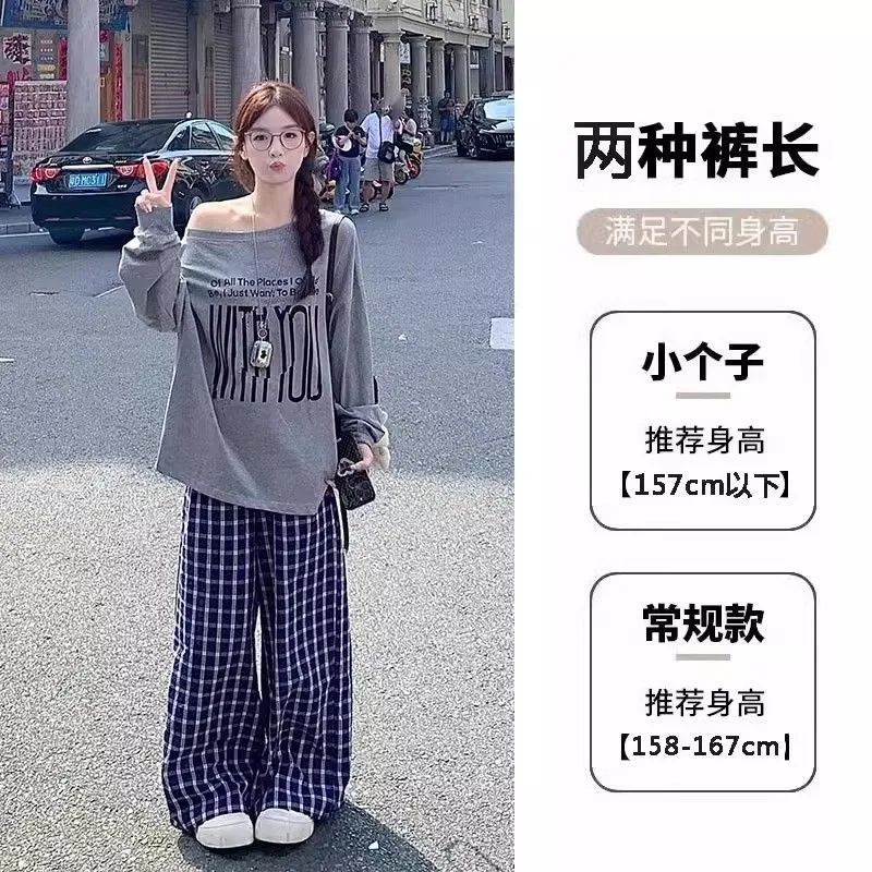 Blue plaid pants for women in spring and autumn 2025 new style small loose and lazy high-waist wide-leg pants