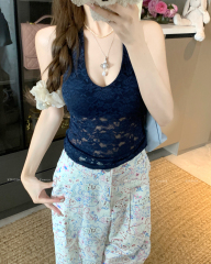 Real shot of sexy lace girl contrasting color floral suspender slim fit and versatile base vest