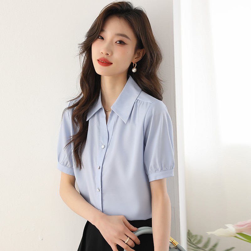 Korean spring and summer new solid color versatile short-sleeved shirt women's fashion professional top