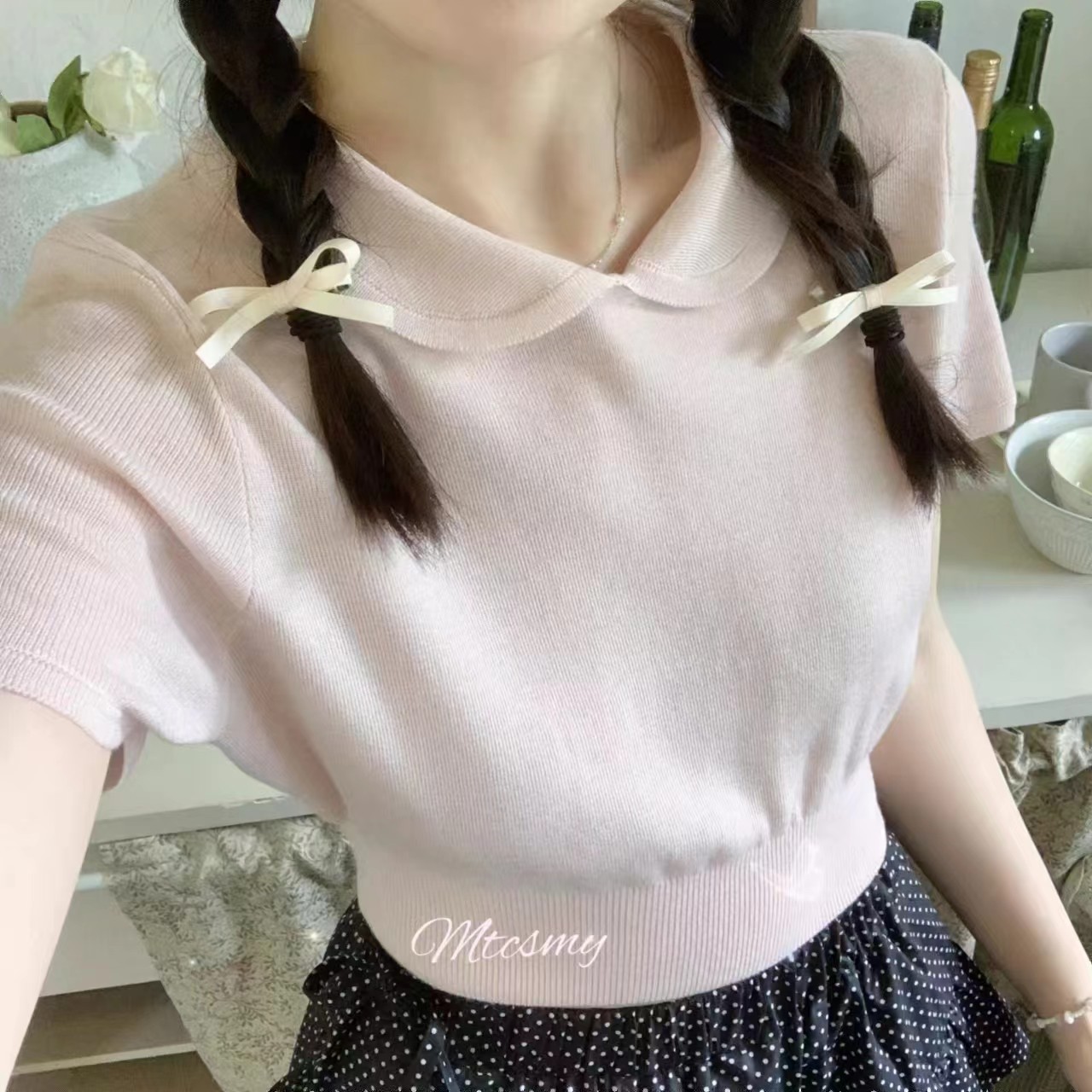 自製*乖乖牌*三色可愛娃娃領短袖內搭修身羊毛針織T
