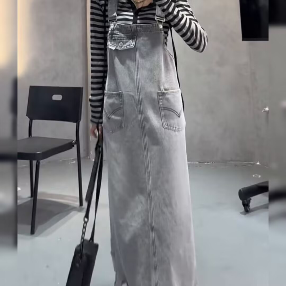 牛仔背帶裙女夏季新款韓版復古大碼寬鬆顯瘦中長款減齡開叉連衣裙