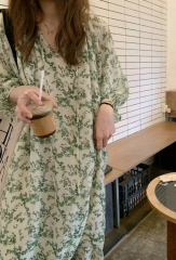 Korean French retro printed dress for women 2025 summer new loose big skirt hem beach long skirt for women