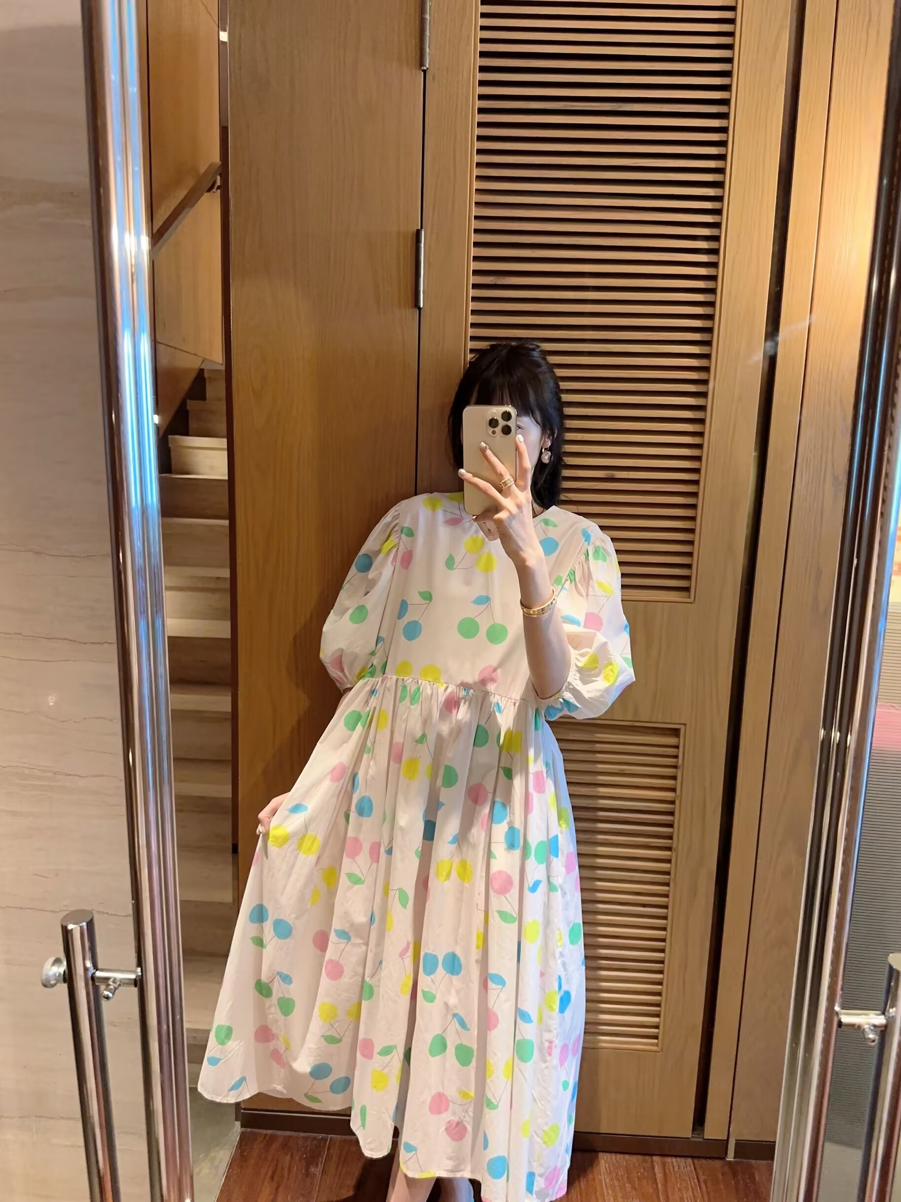 Korea's new cute colorful cherry fashionable slim puff sleeve summer flowing dress