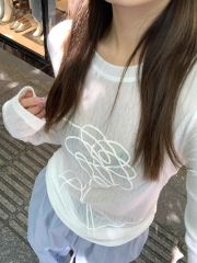 新款立體發泡印花微透性感長袖T恤女防曬百搭透氣修身上衣打底衫