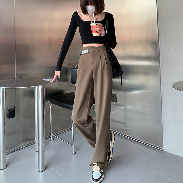 High waist drooping wide-leg pants for women 2025 spring and summer new khaki casual loose double button floor straight suit pants