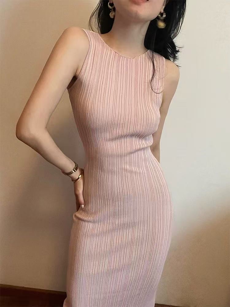 Non-real photo retro sleeveless knitted vest skirt slim hip-covered long skirt pure texture waist-hugging dress