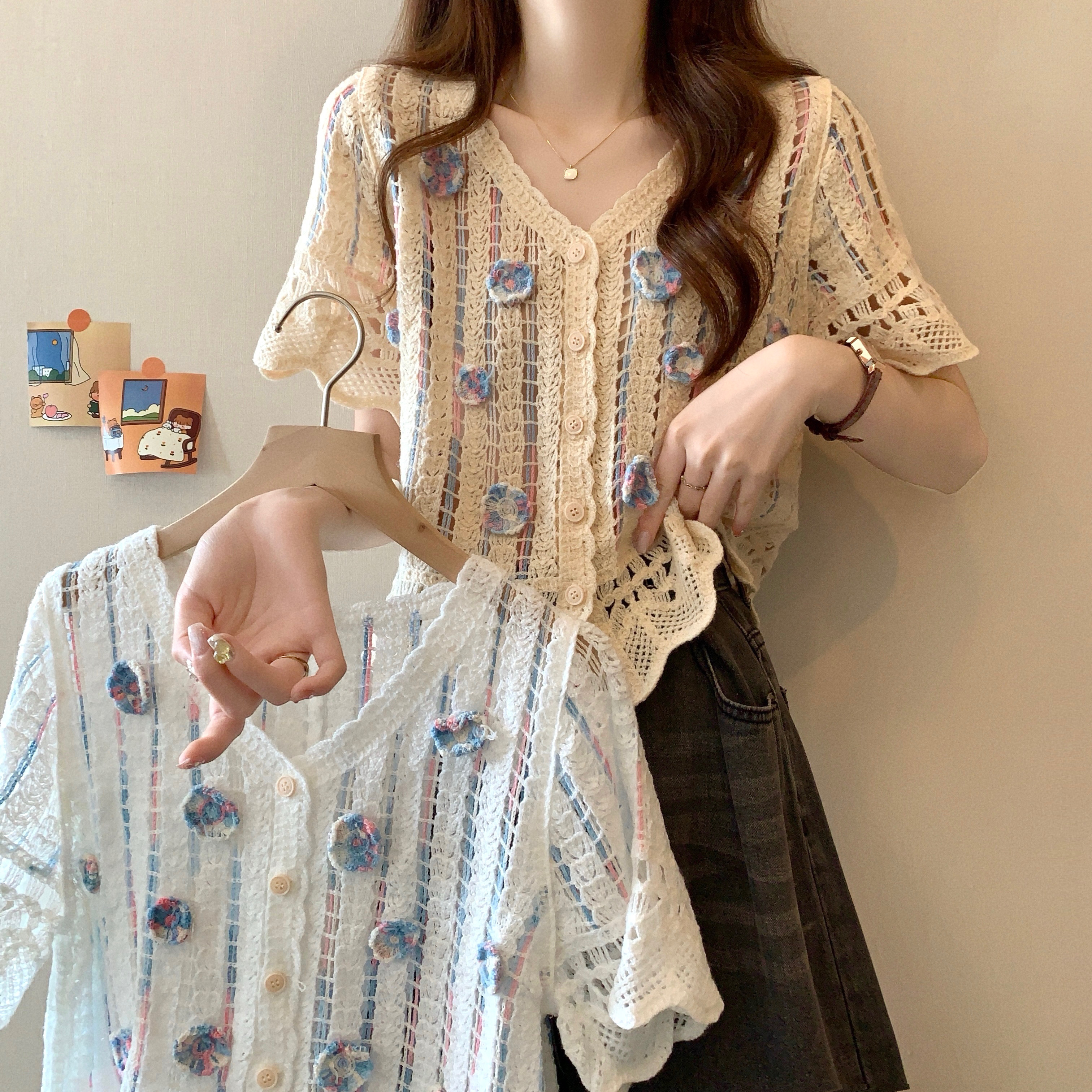 Real shot, new version of retro summer embroidery hollow color block design short-sleeved top