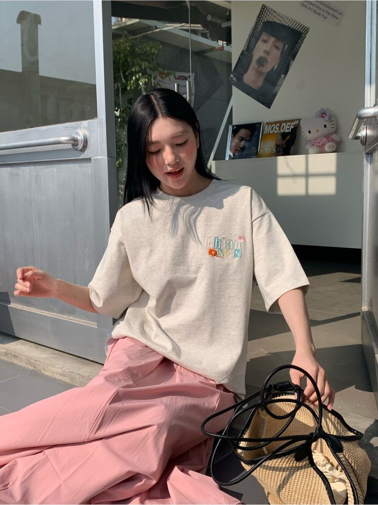 純棉 韓國chic夏季新款韓版寬鬆顯瘦字母刺繡短袖t恤女百搭上衣潮