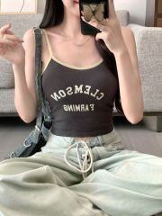 American retro printed small suspender vest with hot girl outfit with breast pad short style