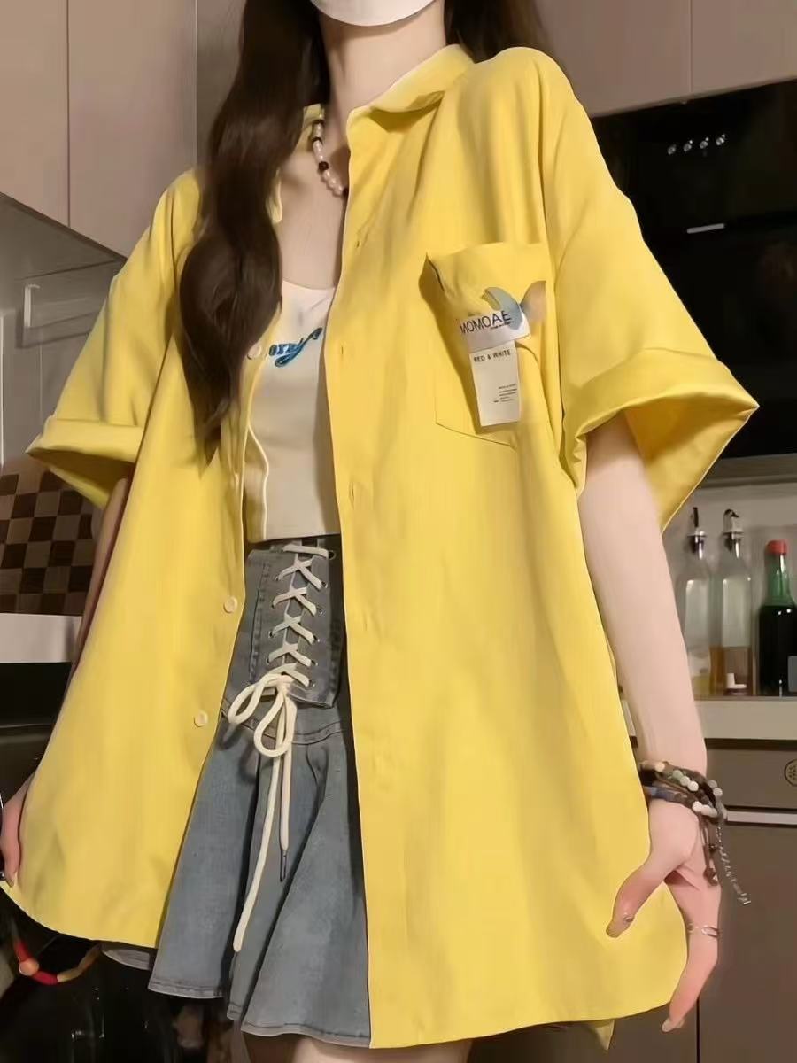 美式復古寬鬆短袖襯衫女設計感小眾港味襯衣寬鬆學生紫色顯瘦上衣