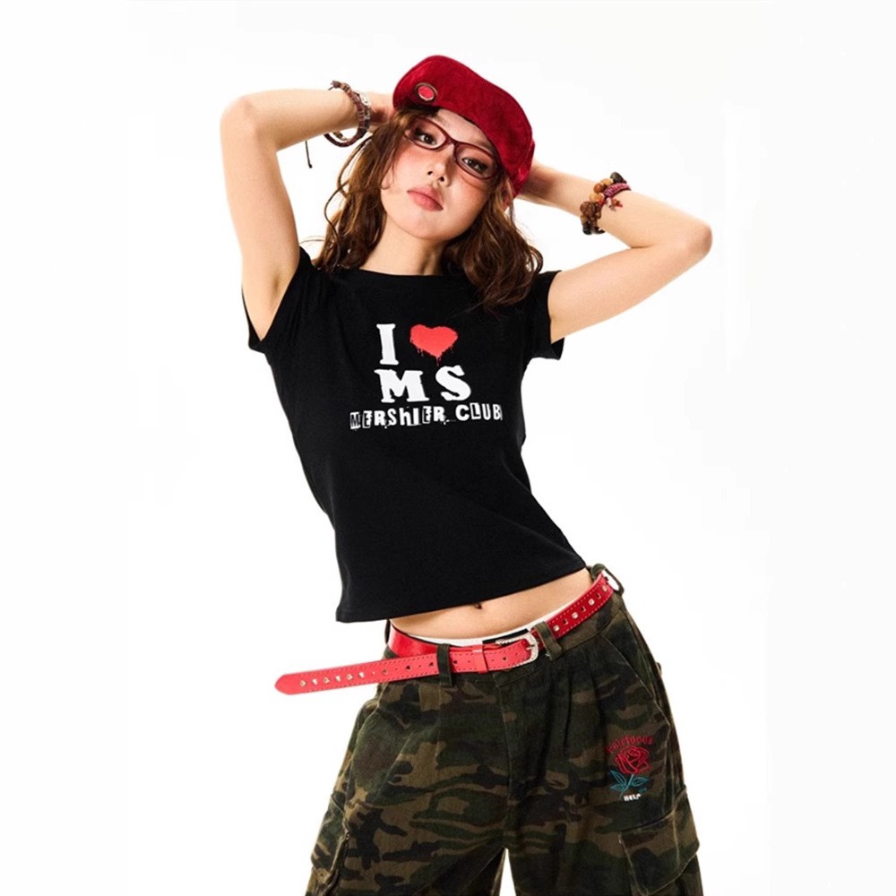 純棉 韓國chic夏季新款韓版修身顯瘦字母印花短袖t恤女百搭上衣潮