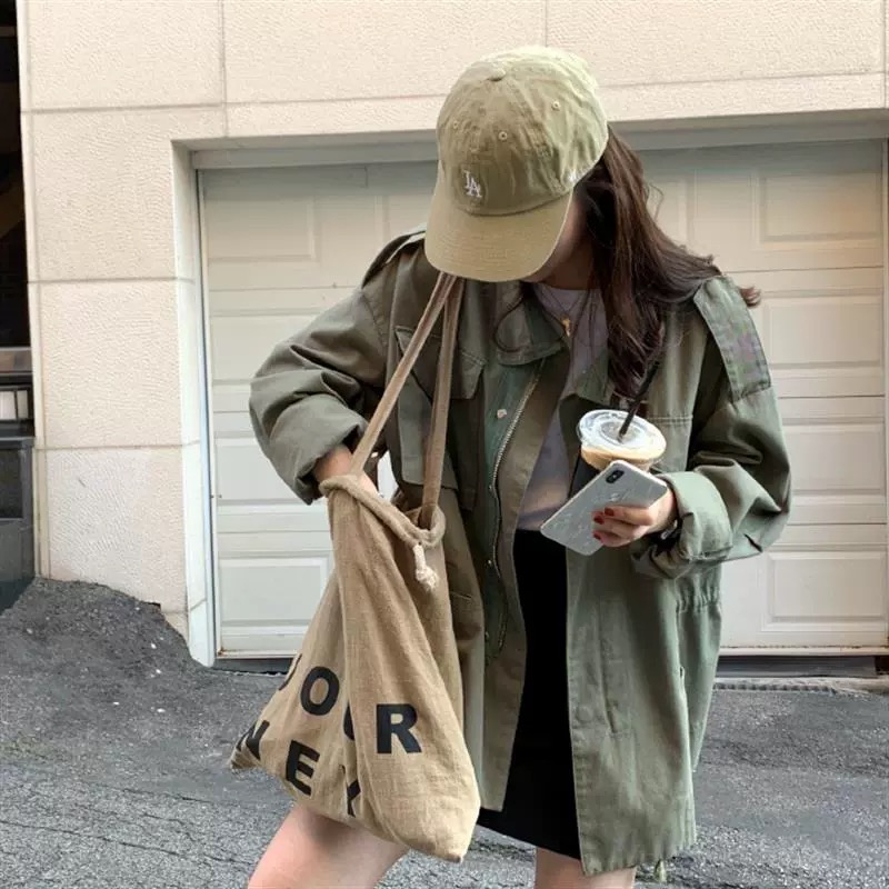 Korean green work clothes trench coat for women in spring and autumn casual retro small bf style short jacket loose versatile coat