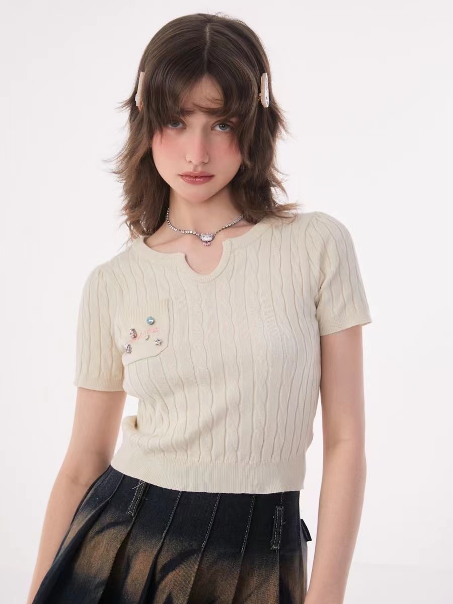 撞色條紋圓領短袖針織衫女早春2025新款內搭打底休閒百搭休閒上衣