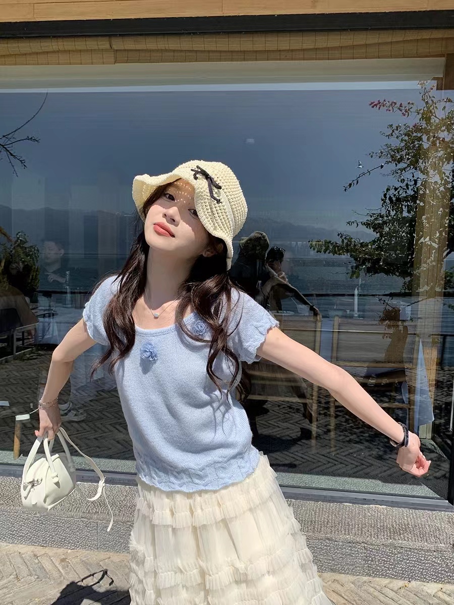 溫柔風糖果色立體小花朵針織T恤女2025百搭簡約毛衣上衣