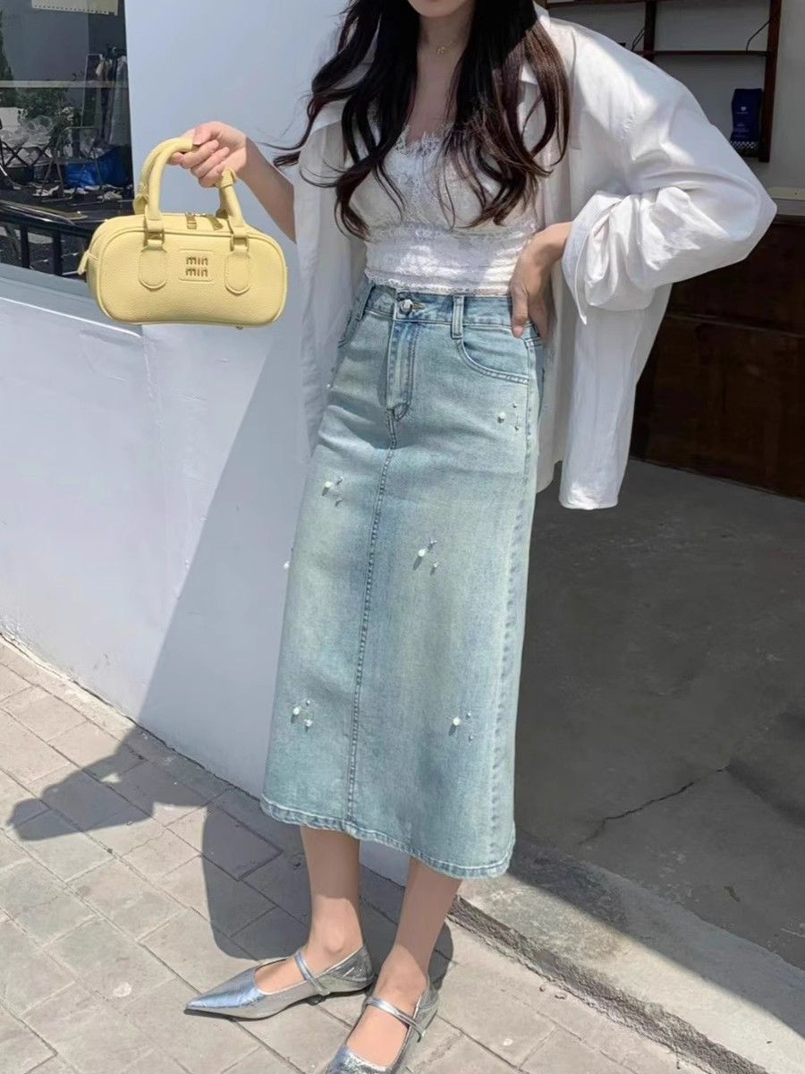 韓國chic夏季新款牛仔裙女高腰半身裙燙鑽釘珠後開叉中長包臀裙子