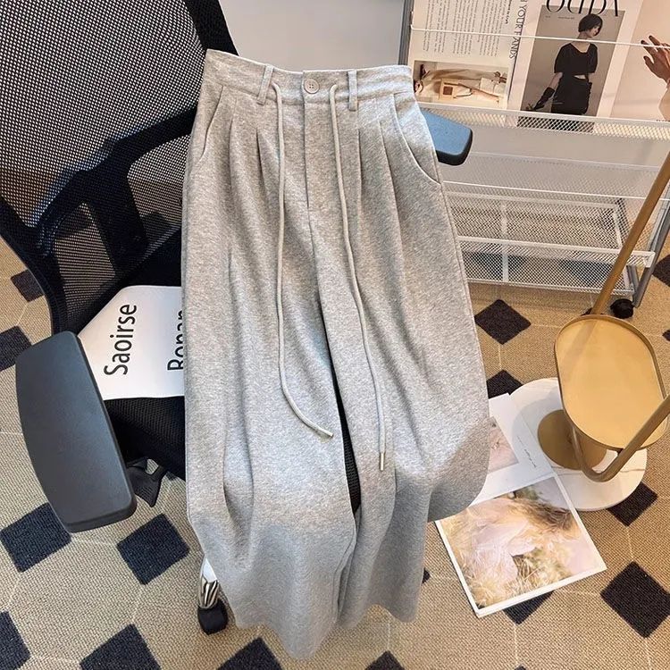 Gray narrow version of sports pants for women in spring and autumn new straight high waist small versatile wide-leg slim drooping sweatpants for women