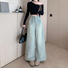 Real shot Korean high-waist wide-leg jeans for women in summer new Korean style loose slim draped straight-leg floor pants