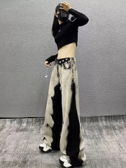 Korean butterfly chain ink dyed contrasting wide-leg jeans for women 2025 new summer high-waist loose straight pants